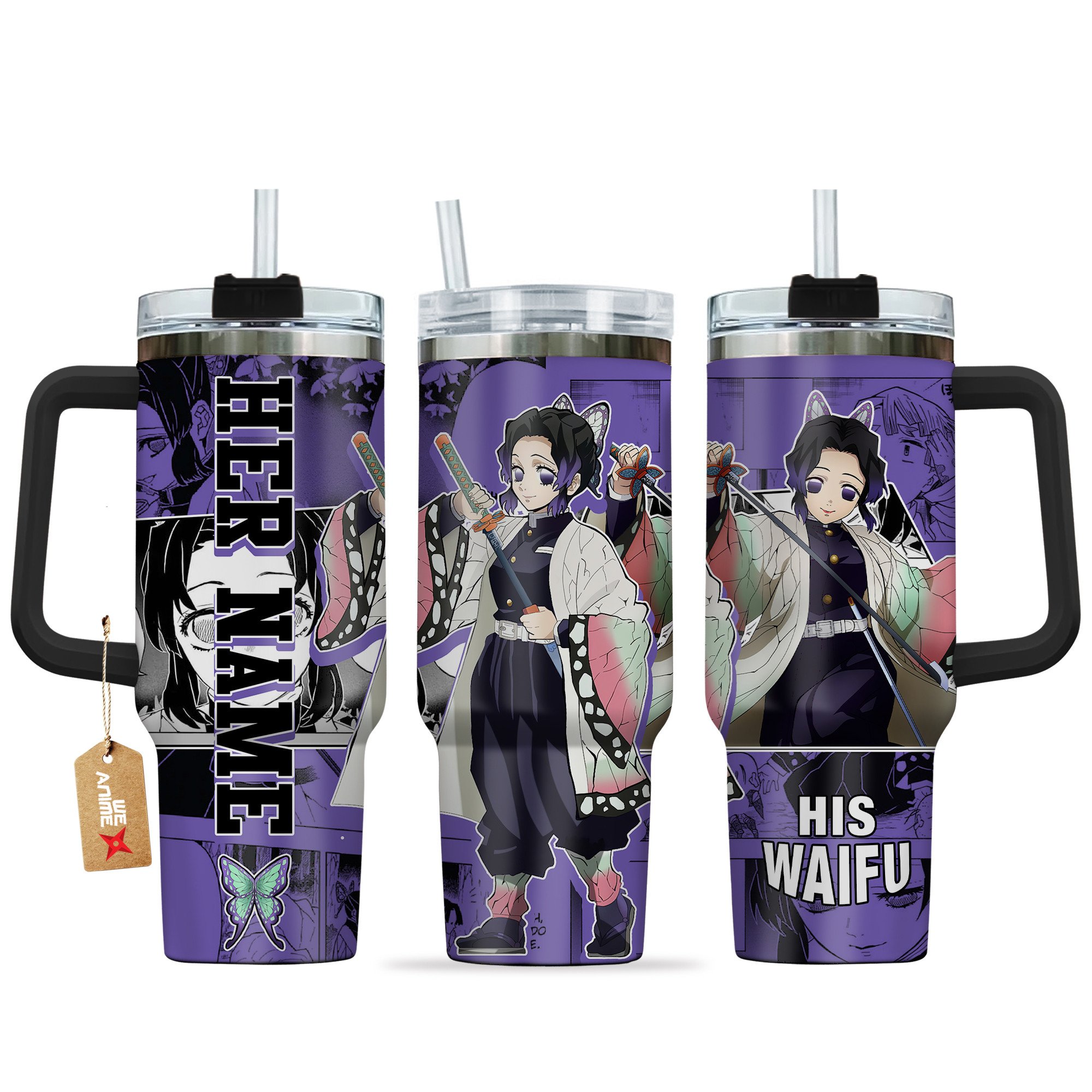 Hydratemerch Shinobu Kocho Demon Slayer Anime Custom Stanley Quencher 40oz Stainless Steel Tumbler With Handle