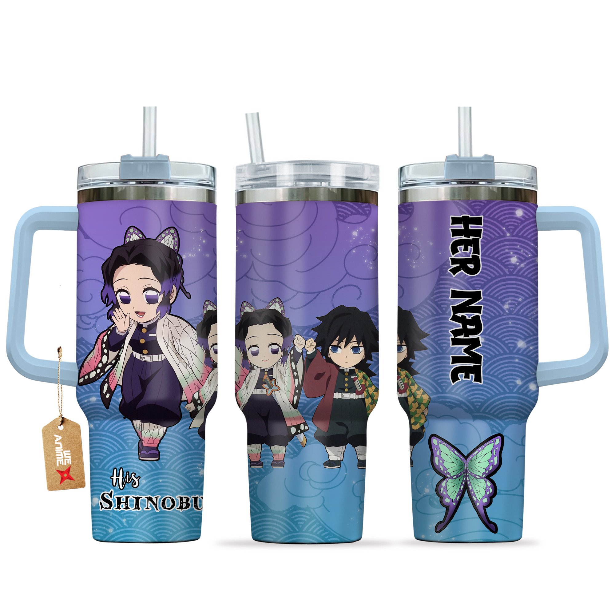 Hydratemerch Shinobu Kocho Demon Slayer Anime Valentine Custom Stanley Quencher 40oz Stainless Steel Tumbler With Handle
