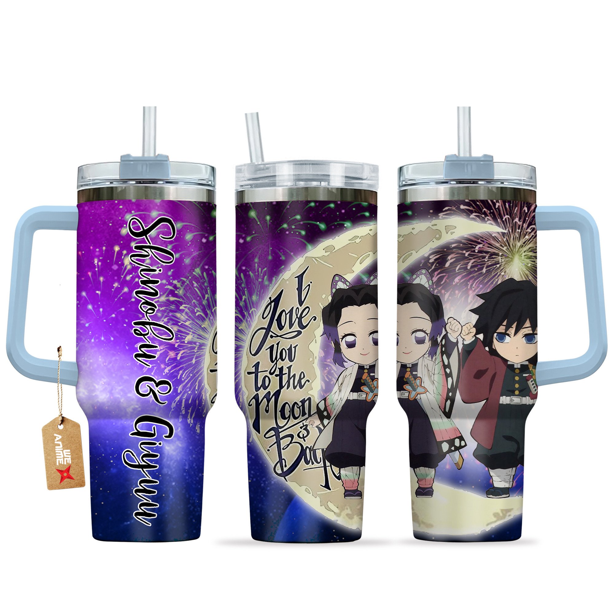 Hydratemerch Shinobu Kocho & Giyu Tomioka Demon Slayer Anime Valentine Custom Stanley Quencher 40oz Stainless Steel Tumbler With Handle