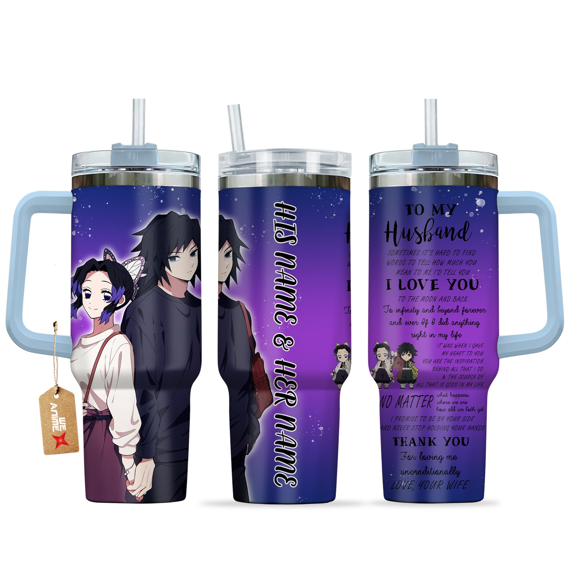 Hydratemerch Shinobu Kocho & Giyu Tomioka Demon Slayer Anime Valentine Custom Stanley Quencher 40oz Stainless Steel Tumbler With Handle