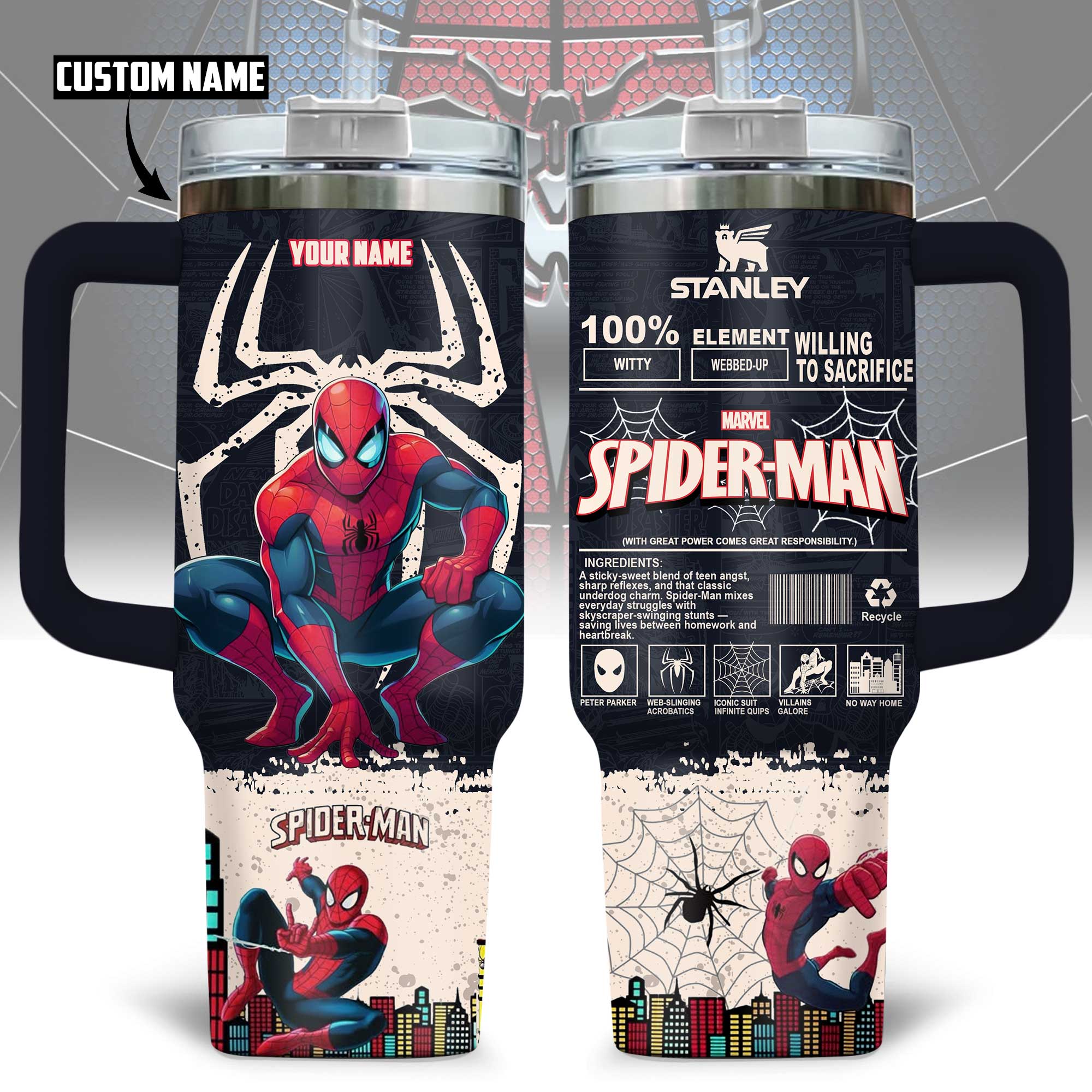Hydratemerch Spider Man Movies Custom Stanley Quencher 40oz Stainless Steel Tumbler With Handle