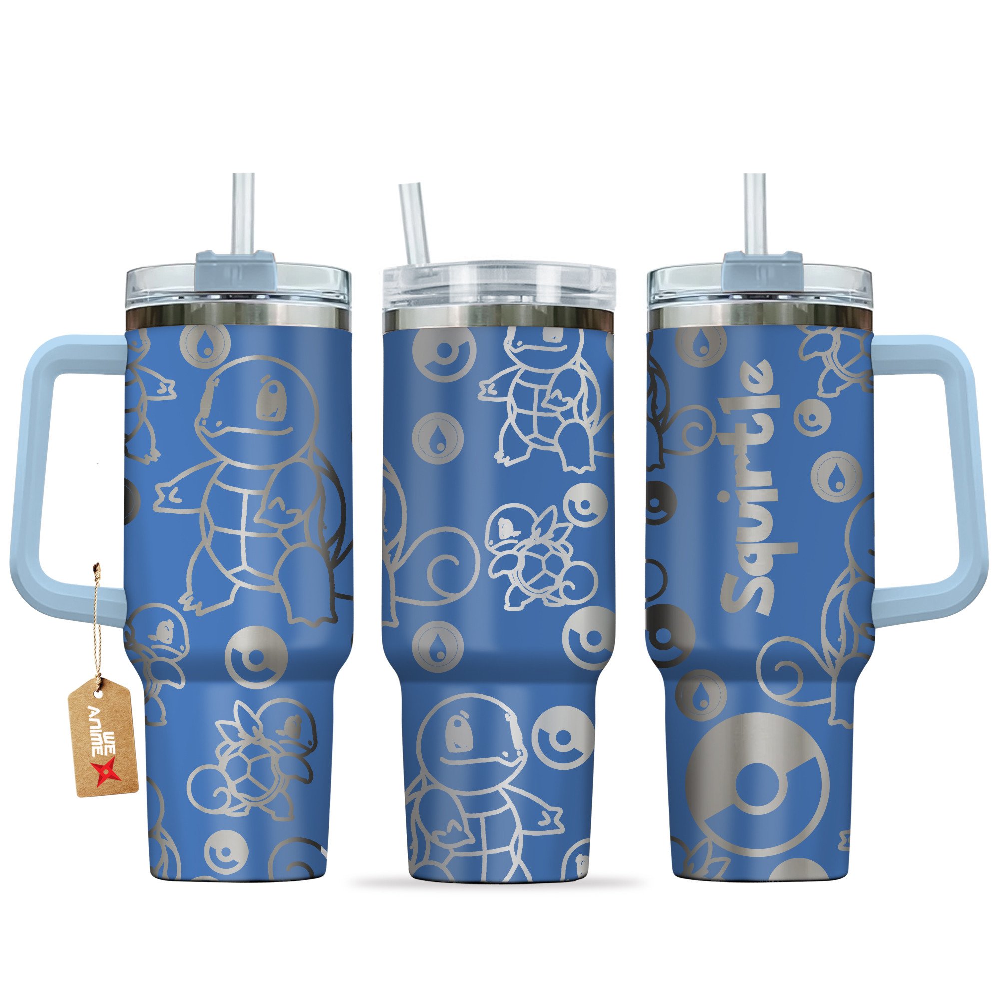 Hydratemerch Squirtle Pokemon Anime Custom Stanley Quencher 40oz Stainless Steel Tumbler With Handle