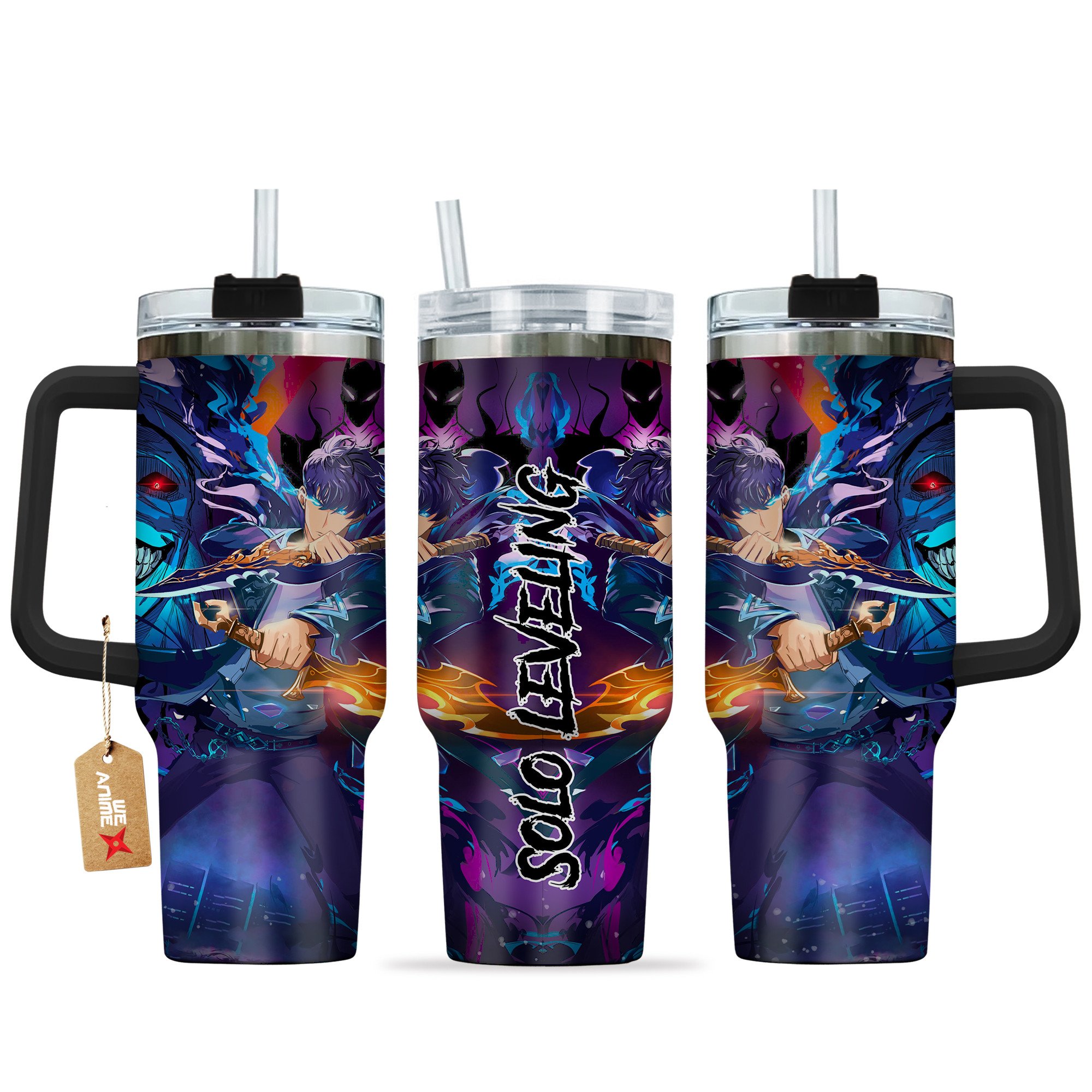 Hydratemerch Sung Jin-Woo and Statue of God Solo Leveling Anime Custom Stanley Quencher 40oz Stainless Steel Tumbler With Handle