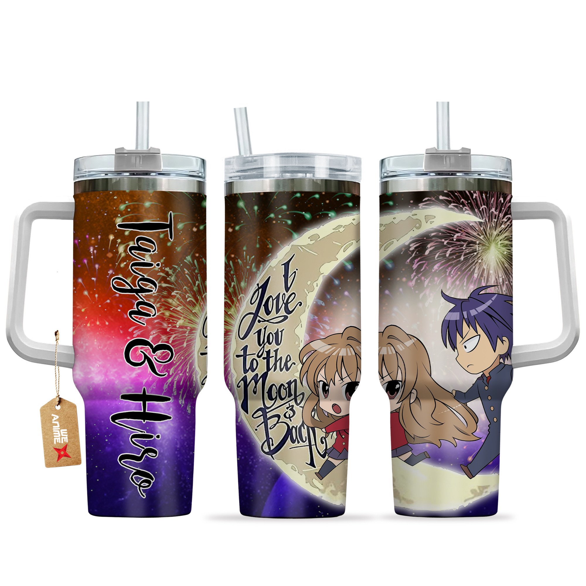 Hydratemerch Taiga Aisaka & Ryuuji Takasu Toradora Anime Valentine Custom Stanley Quencher 40oz Stainless Steel Tumbler With Handle