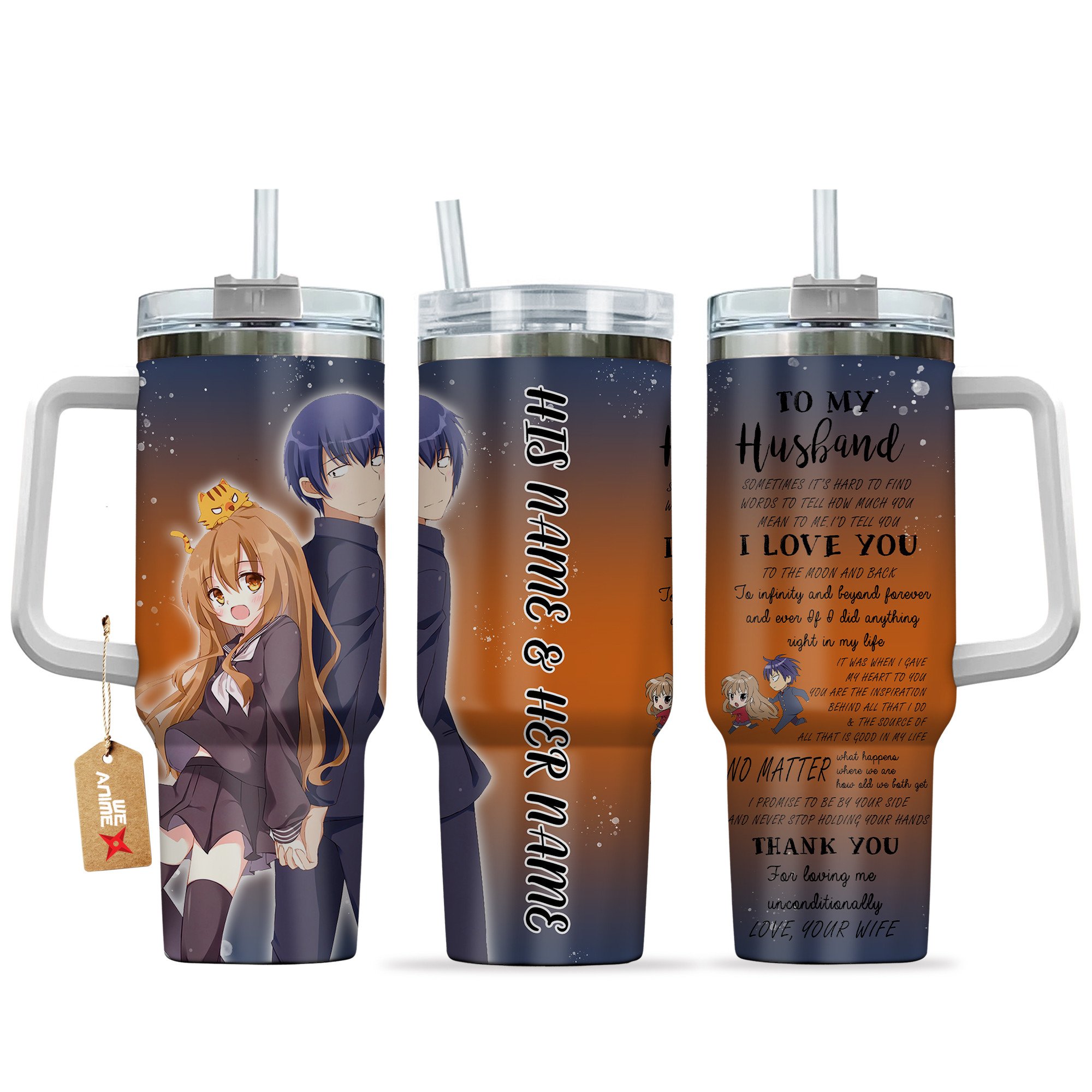 Hydratemerch Taiga Aisaka & Ryuuji Takasu Toradora Anime Valentine Custom Stanley Quencher 40oz Stainless Steel Tumbler With Handle