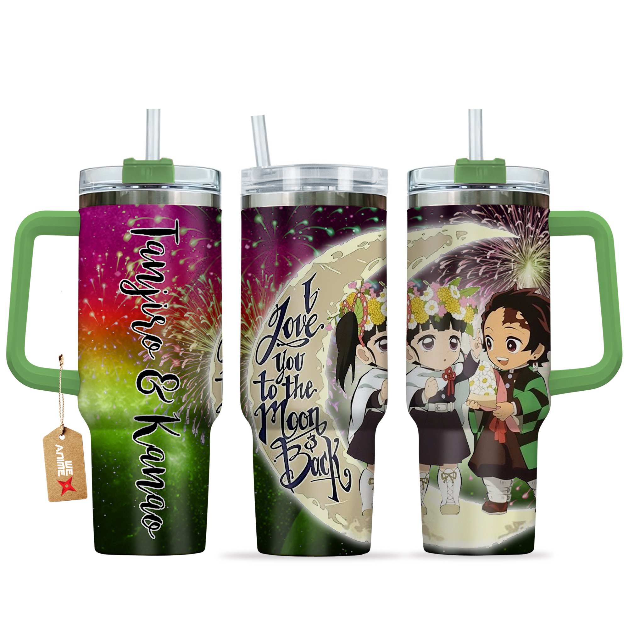 Hydratemerch Tanjiro Kamado & Kanao Tsuyuri Demon Slayer Anime Valentine Custom Stanley Quencher 40oz Stainless Steel Tumbler With Handle
