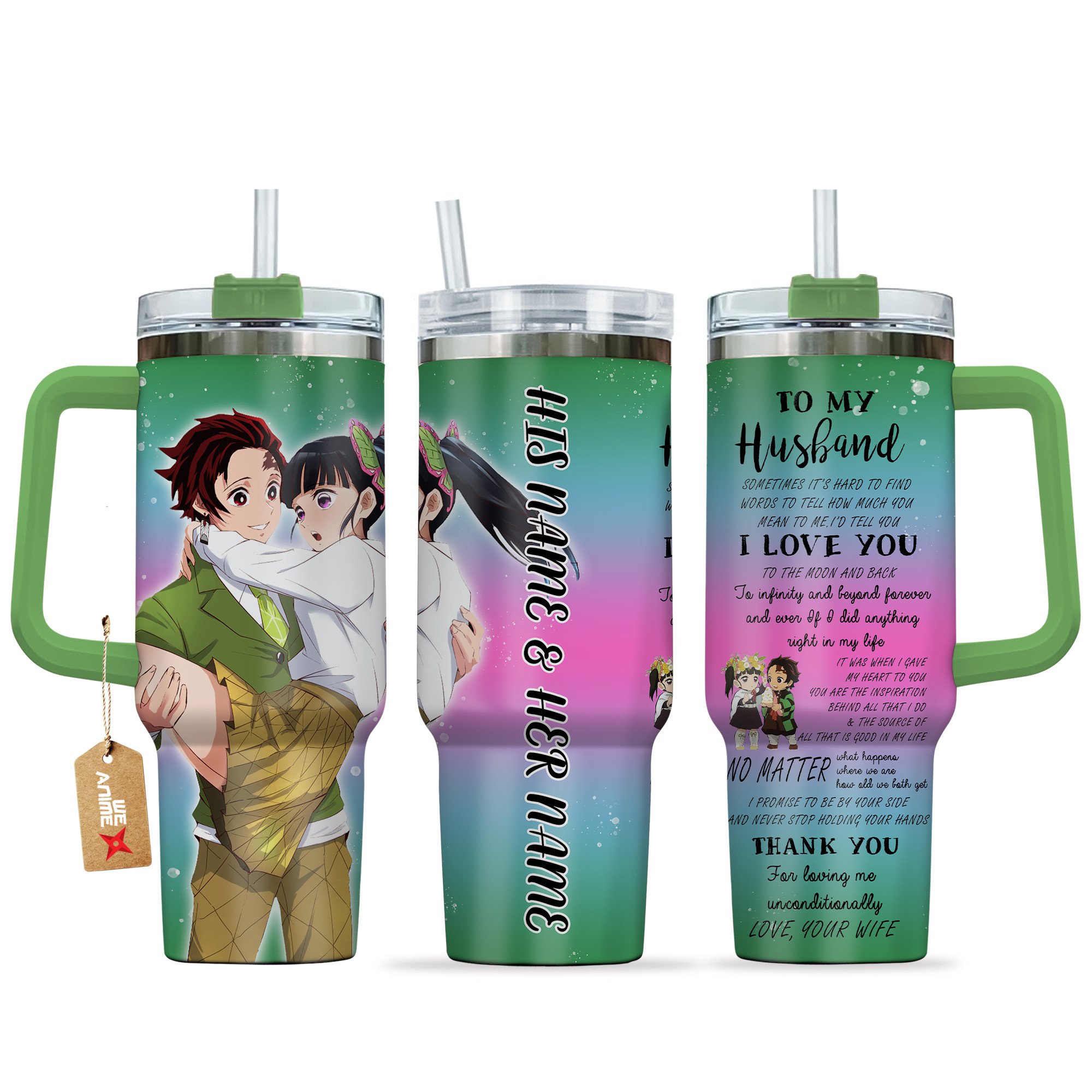 Hydratemerch Tanjiro Kamado & Kanao Tsuyuri Demon Slayer Anime Valentine Custom Stanley Quencher 40oz Stainless Steel Tumbler With Handle