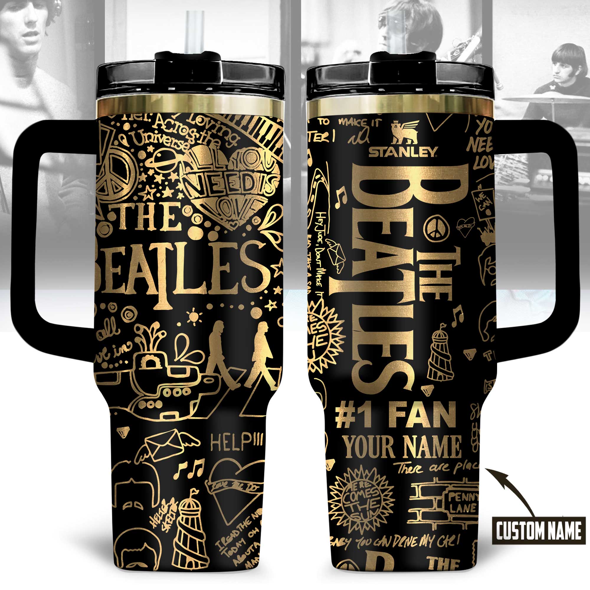 Hydratemerch The Beatles Music Custom Stanley Quencher 40oz Stainless Steel Tumbler With Handle