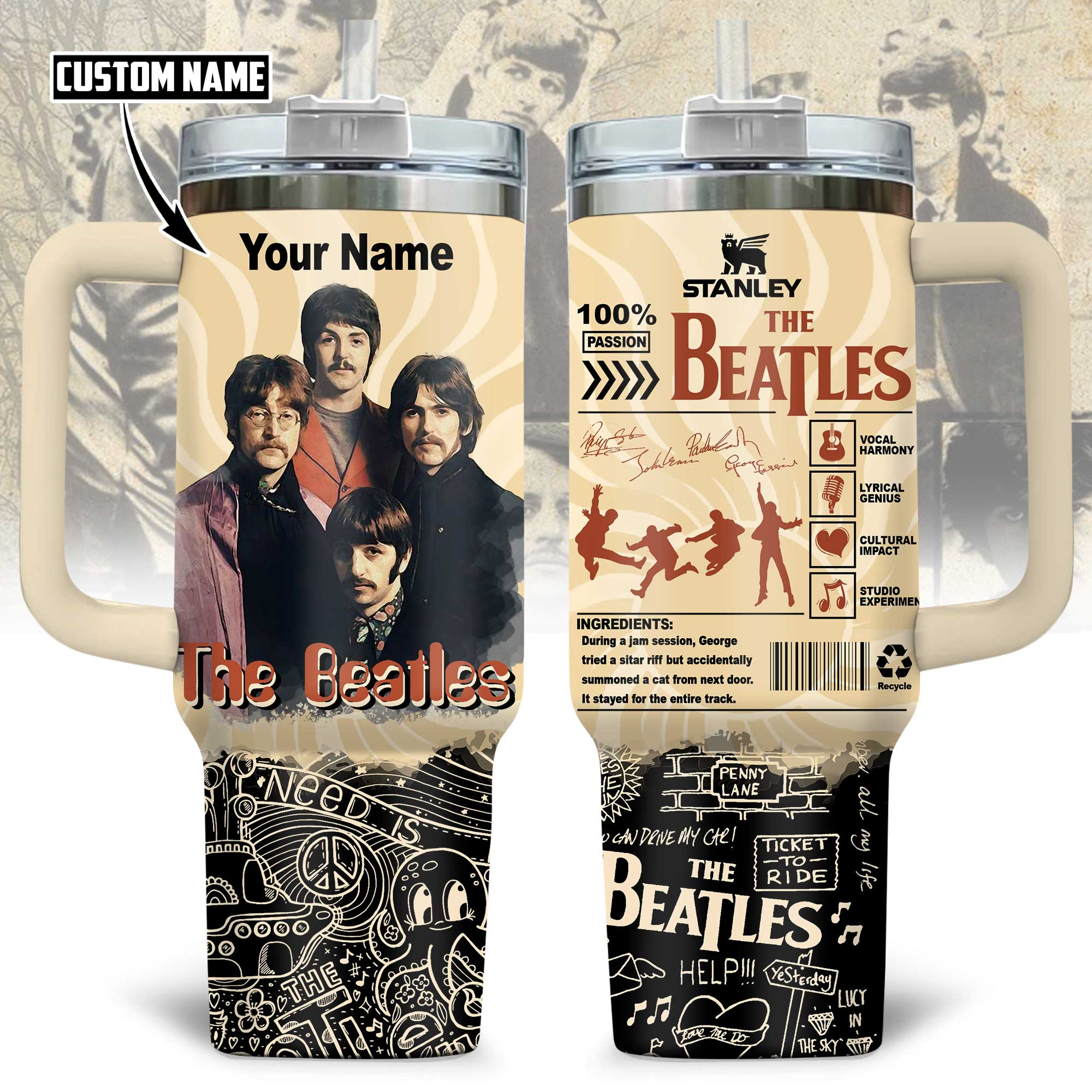 Hydratemerch The Beatles Music Custom Stanley Quencher 40oz Stainless Steel Tumbler With Handle