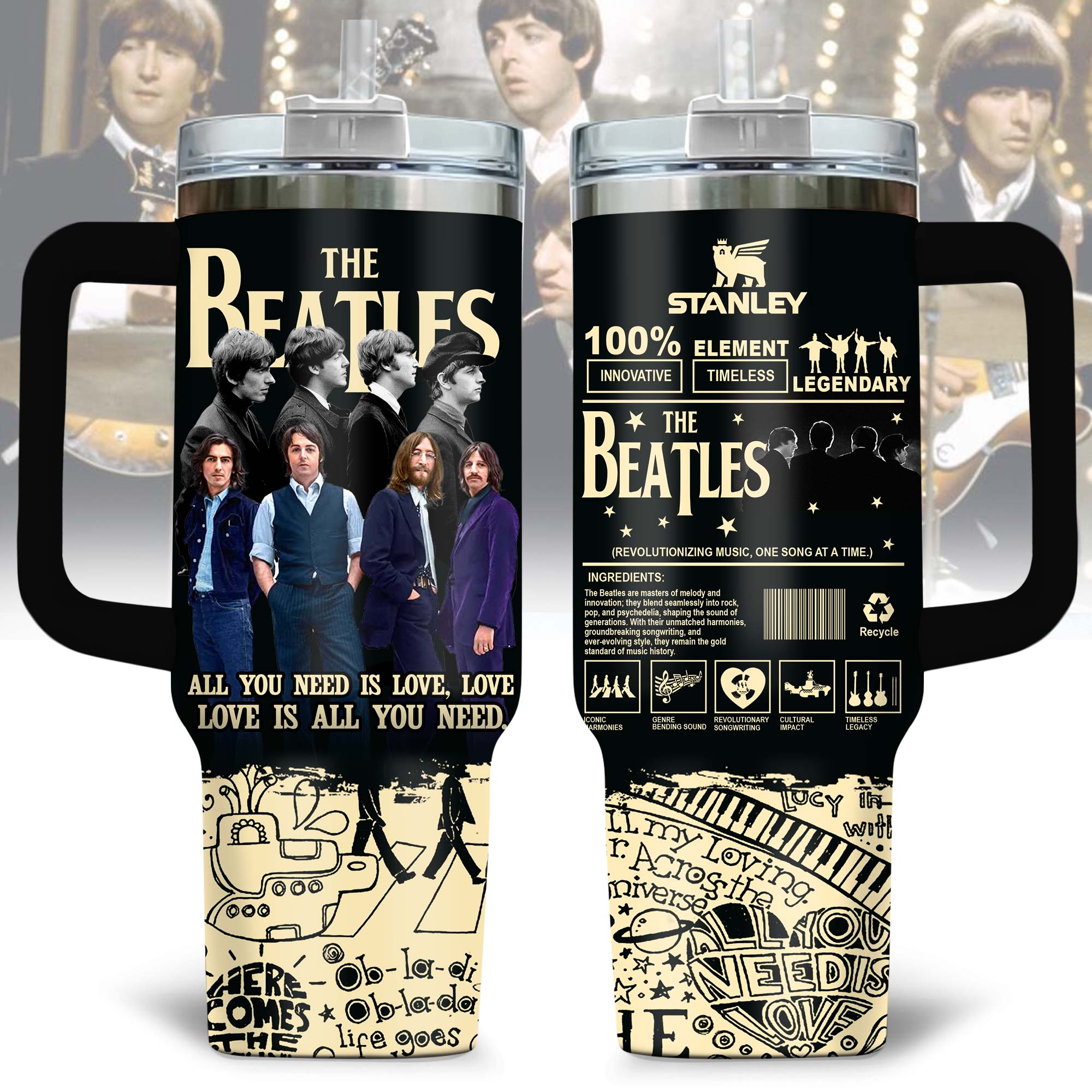 Hydratemerch The Beatles Music Custom Stanley Quencher 40oz Stainless Steel Tumbler With Handle