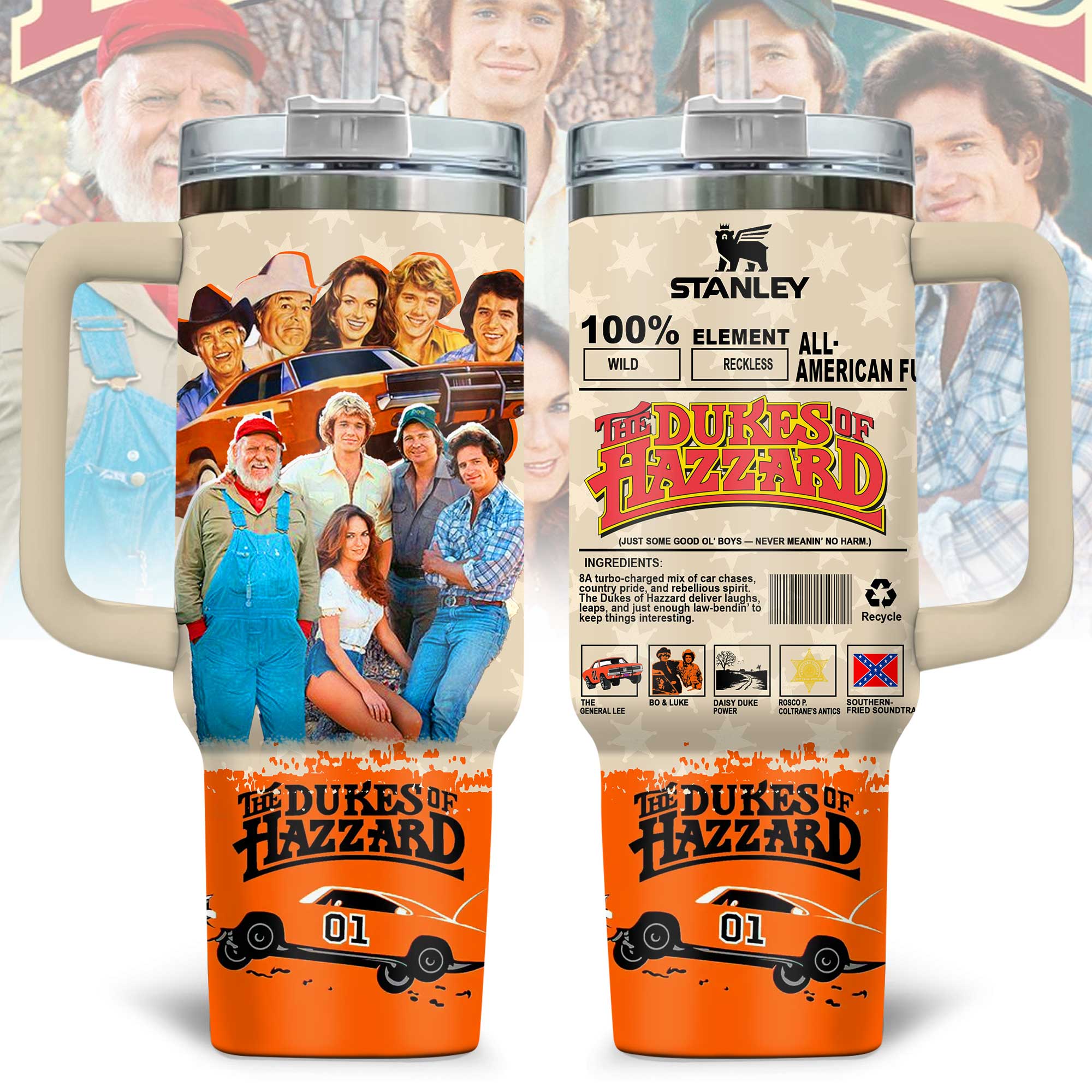 Hydratemerch The Dukes of Hazzard Movies Custom Stanley Quencher 40oz Stainless Steel Tumbler With Handle