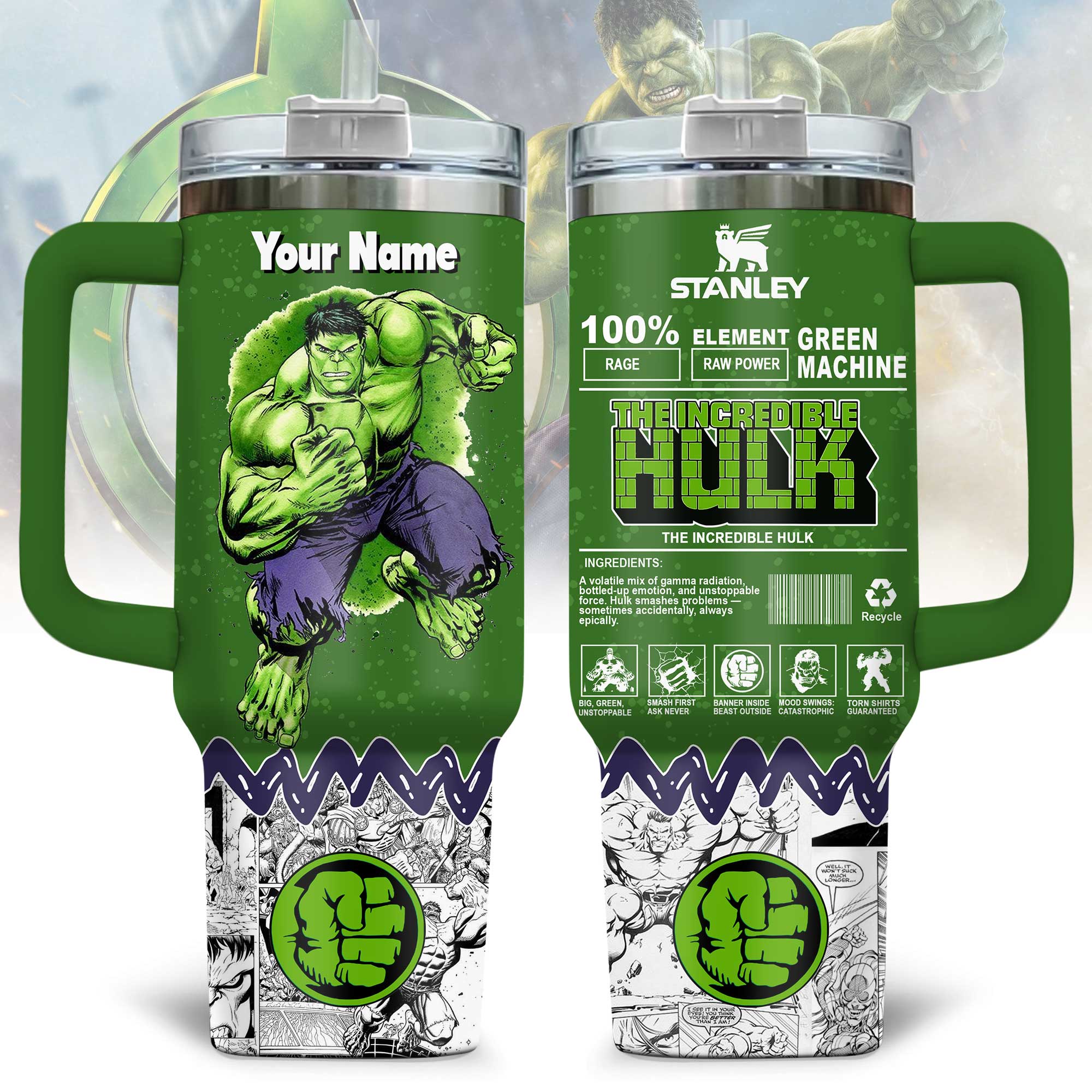 Hydratemerch The Incredible Hulk Movies Custom Stanley Quencher 40oz Stainless Steel Tumbler With Handle