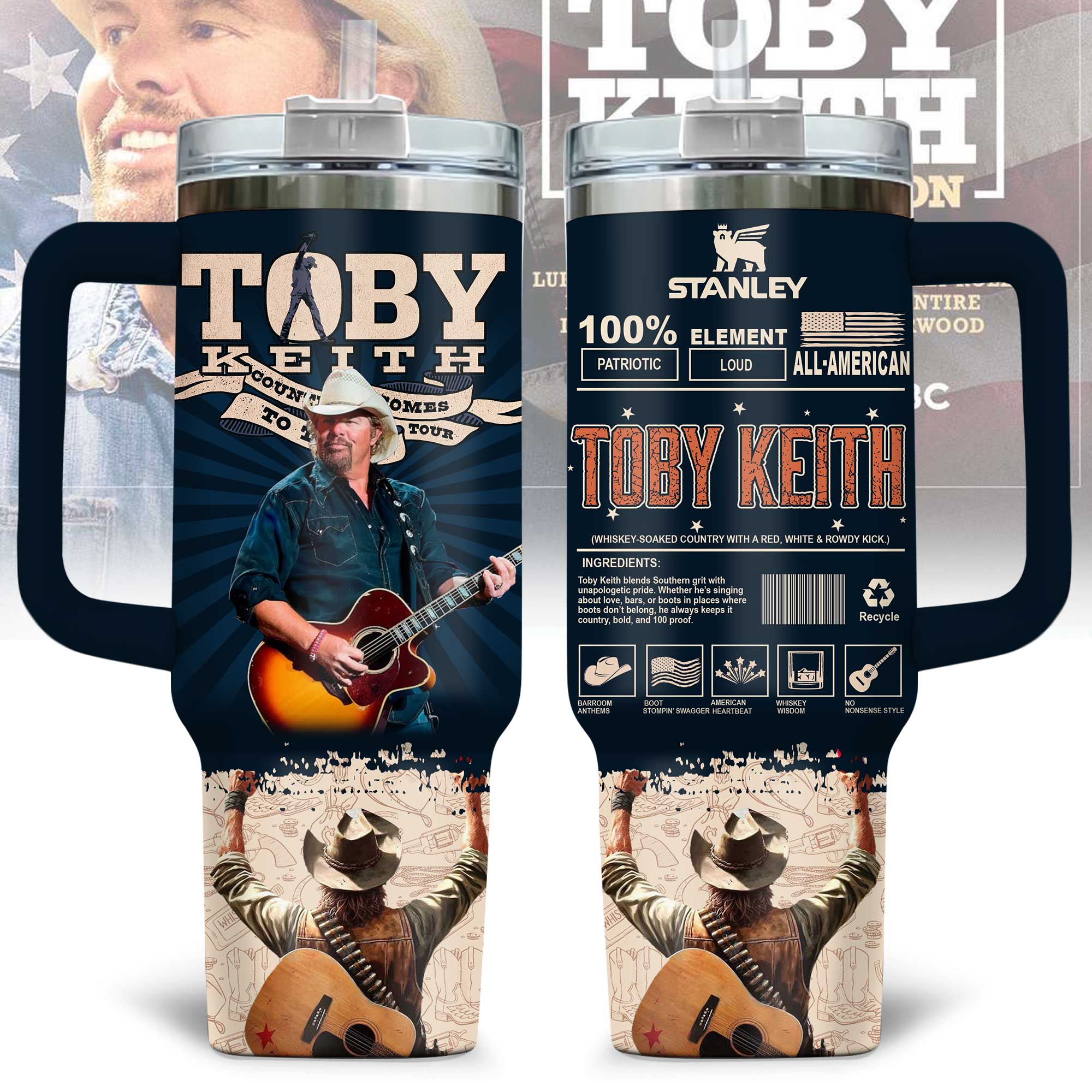 Hydratemerch Toby Keith Music Custom Stanley Quencher 40oz Stainless Steel Tumbler With Handle