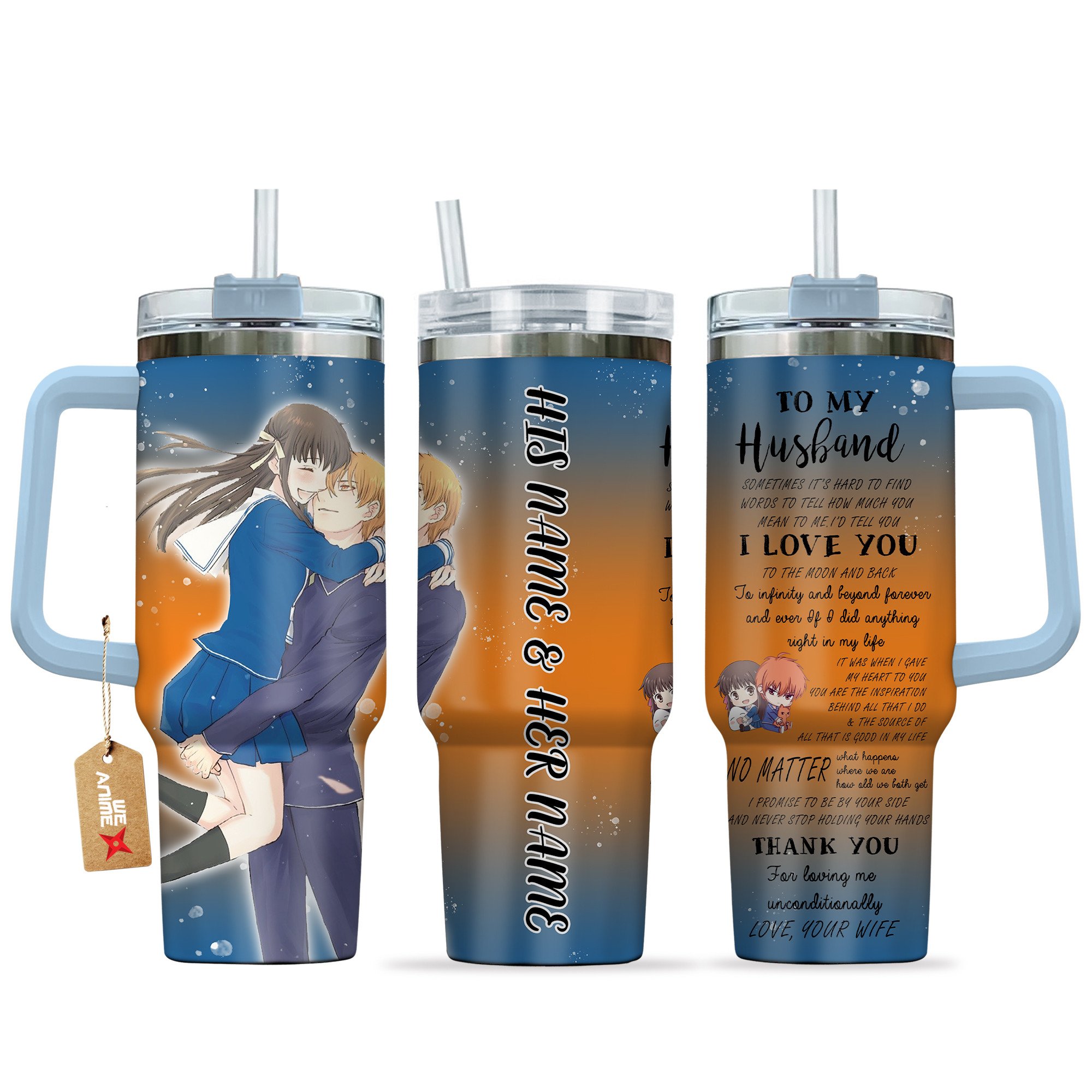 Hydratemerch Tohru Honda & Kyo Sohma Fruits Basket Anime Valentine Custom Stanley Quencher 40oz Stainless Steel Tumbler With Handle