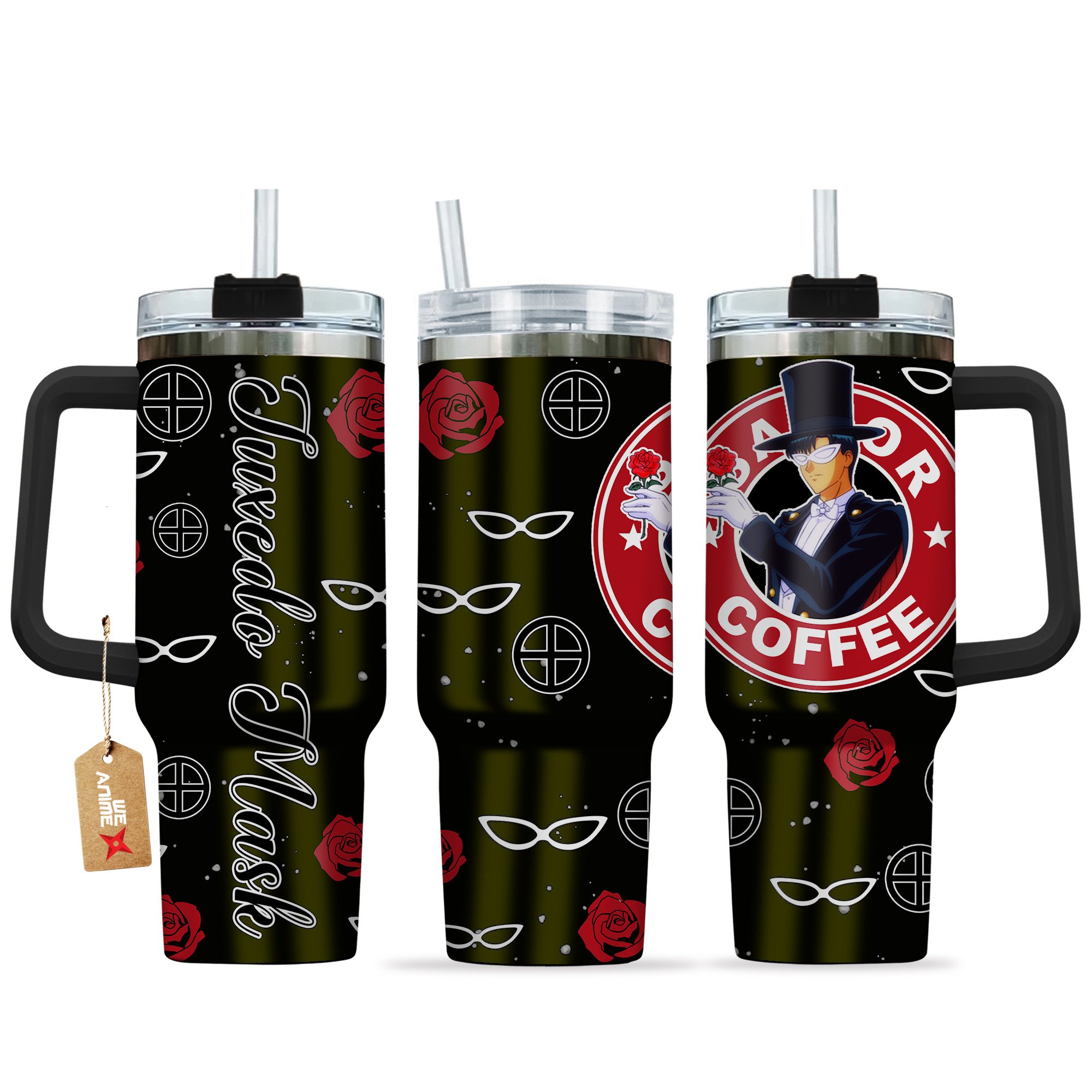 Hydratemerch Tuxedo Mask Sailor Moon Anime Custom Stanley Quencher 40oz Stainless Steel Tumbler With Handle
