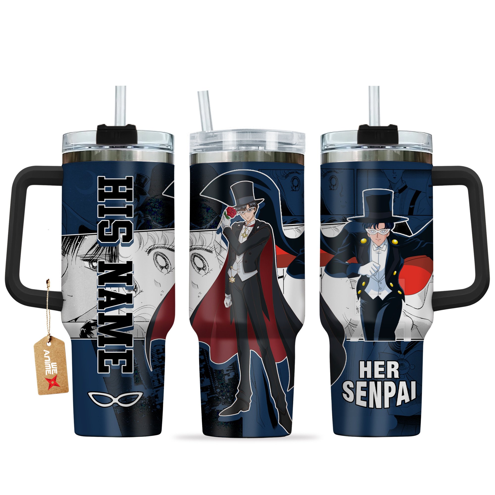 Hydratemerch Tuxedo Mask Sailor Moon Anime Custom Stanley Quencher 40oz Stainless Steel Tumbler With Handle