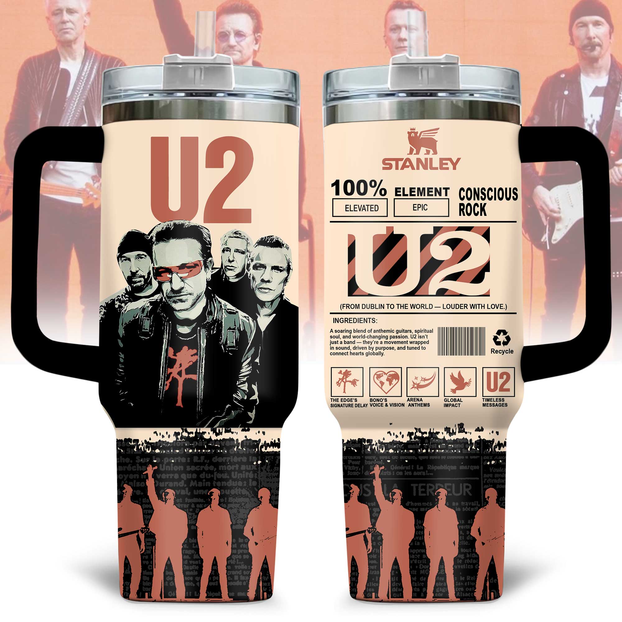Hydratemerch U2 Music Custom Stanley Quencher 40oz Stainless Steel Tumbler With Handle