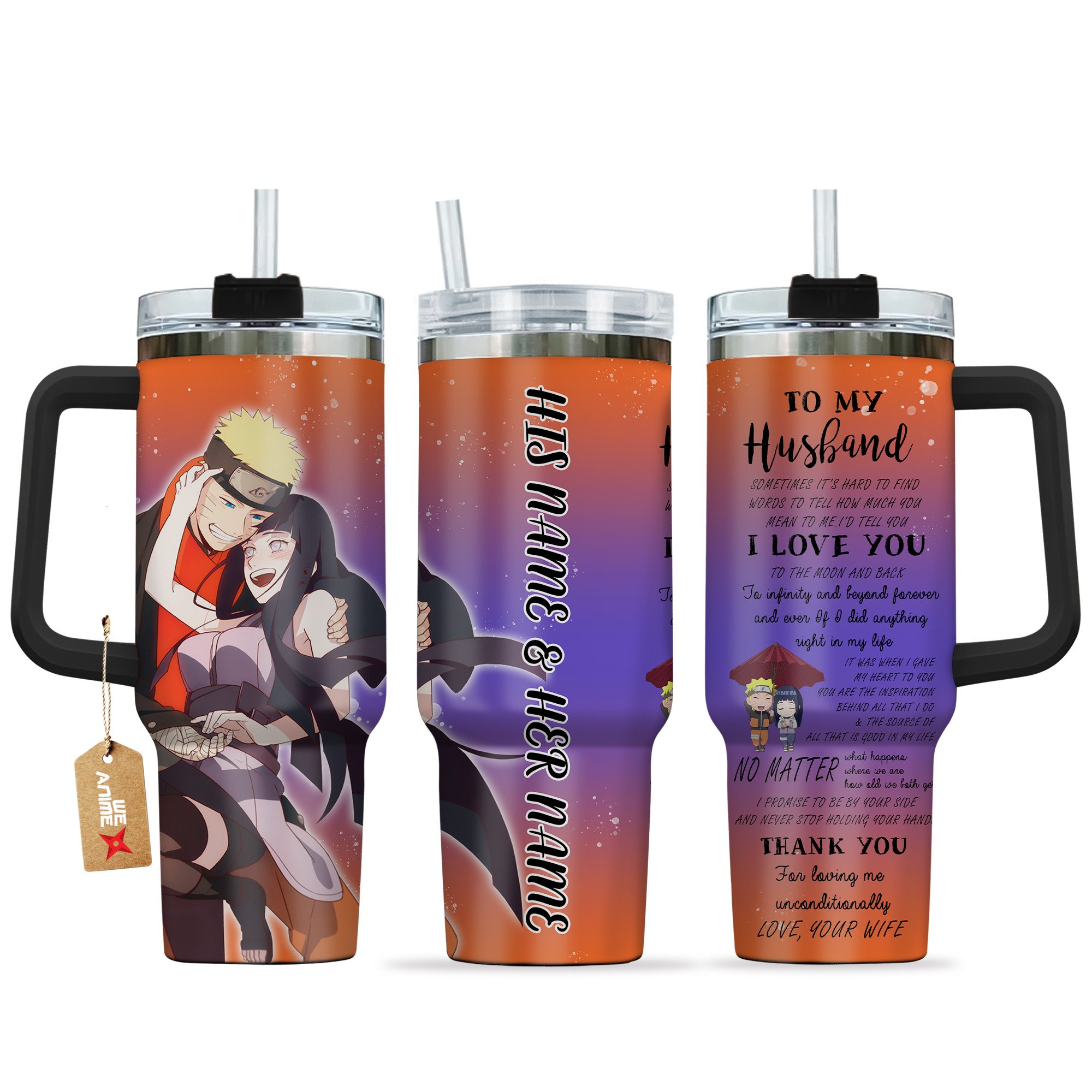 Hydratemerch Uzumaki & Hinata Hyuga Naruto Anime Valentine Custom Stanley Quencher 40oz Stainless Steel Tumbler With Handle
