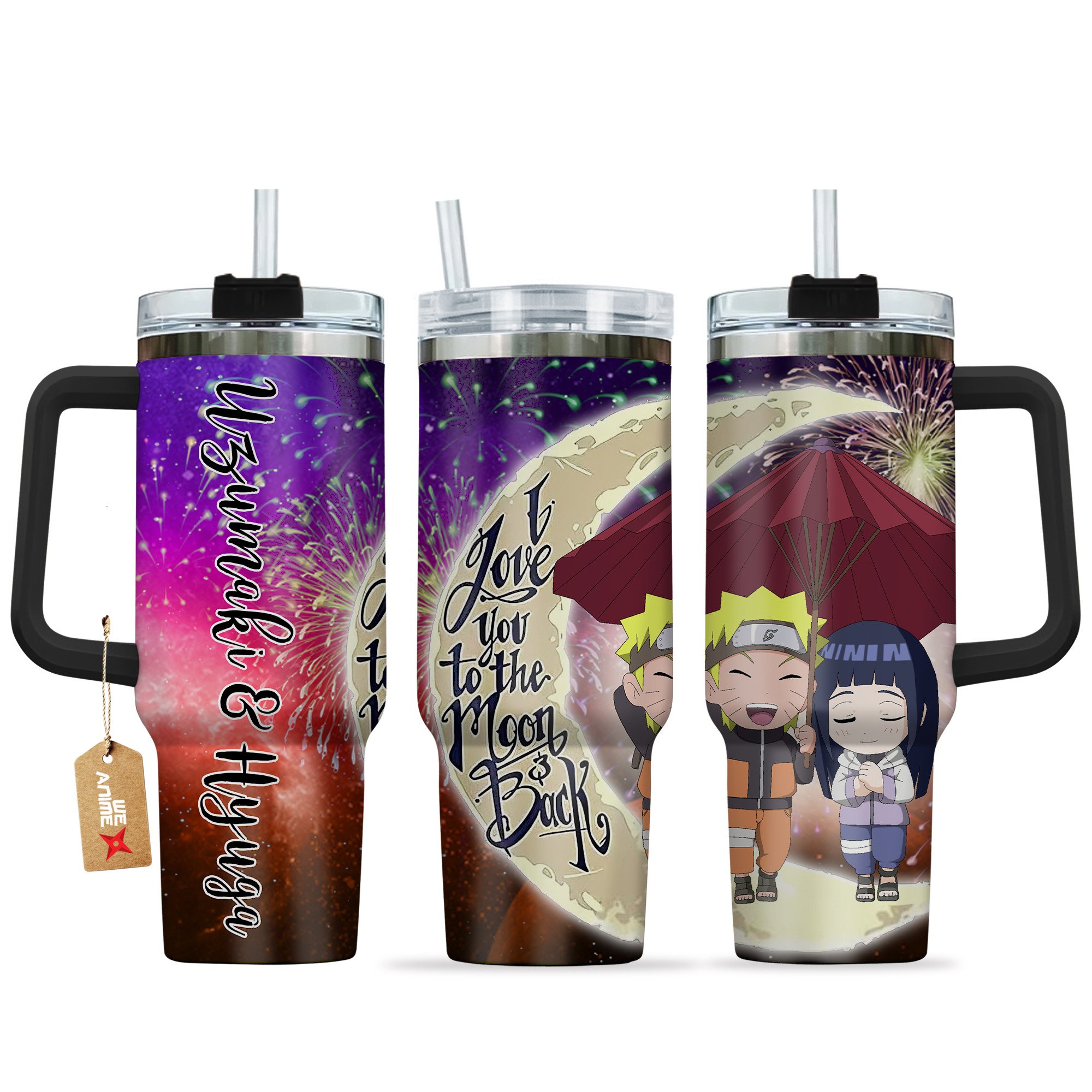 Hydratemerch Uzumaki & Hinata Hyuga Naruto Anime Valentine Custom Stanley Quencher 40oz Stainless Steel Tumbler With Handle