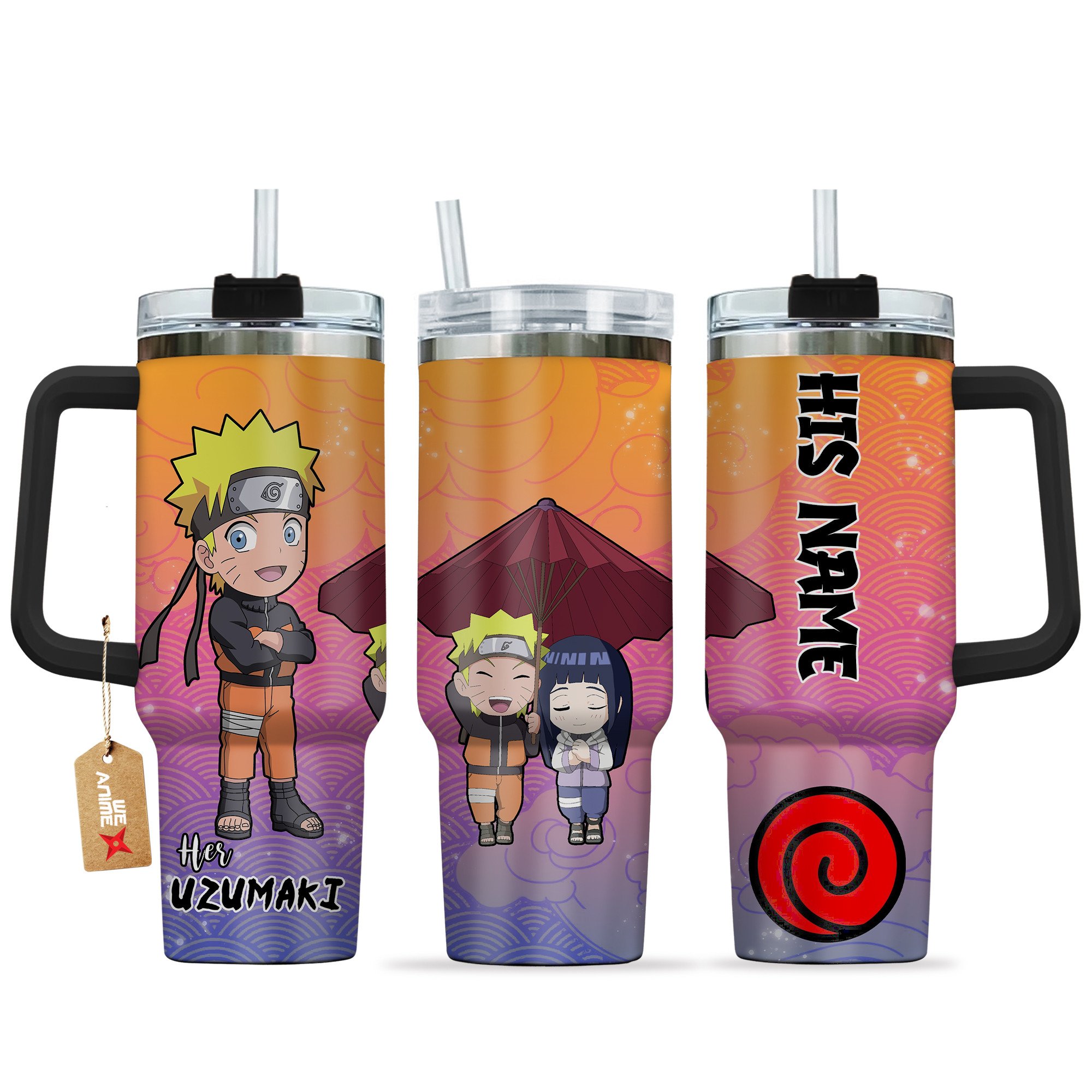 Hydratemerch Uzumaki Naruto Anime Valentine Custom Stanley Quencher 40oz Stainless Steel Tumbler With Handle