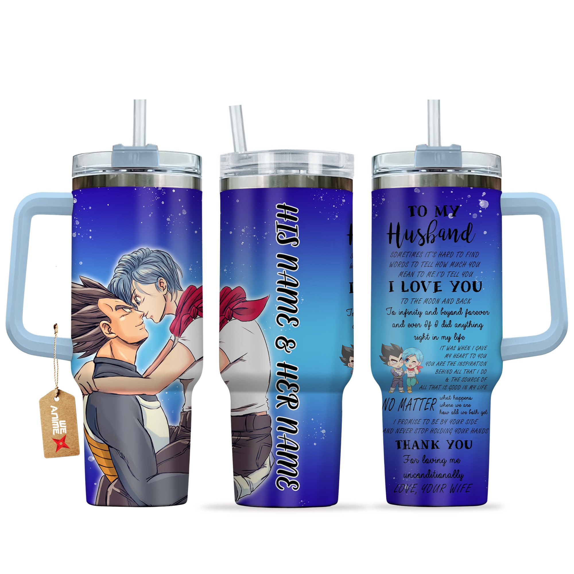 Hydratemerch Vegeta & Bulma Dragon Ball Anime Valentine Custom Stanley Quencher 40oz Stainless Steel Tumbler With Handle