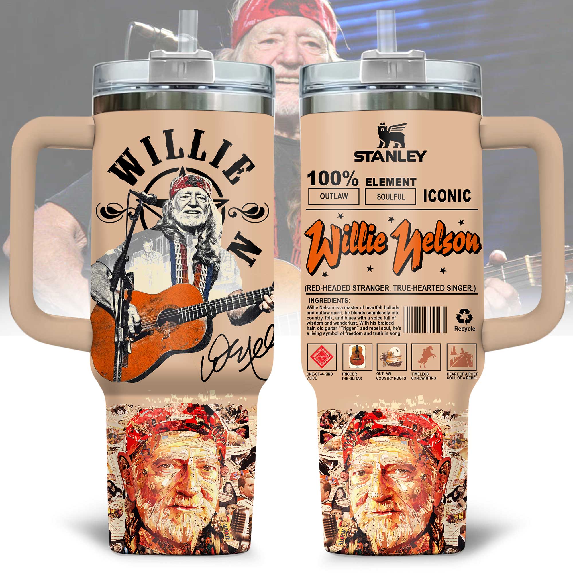 Hydratemerch Willie Nelson Music Custom Stanley Quencher 40oz Stainless Steel Tumbler With Handle