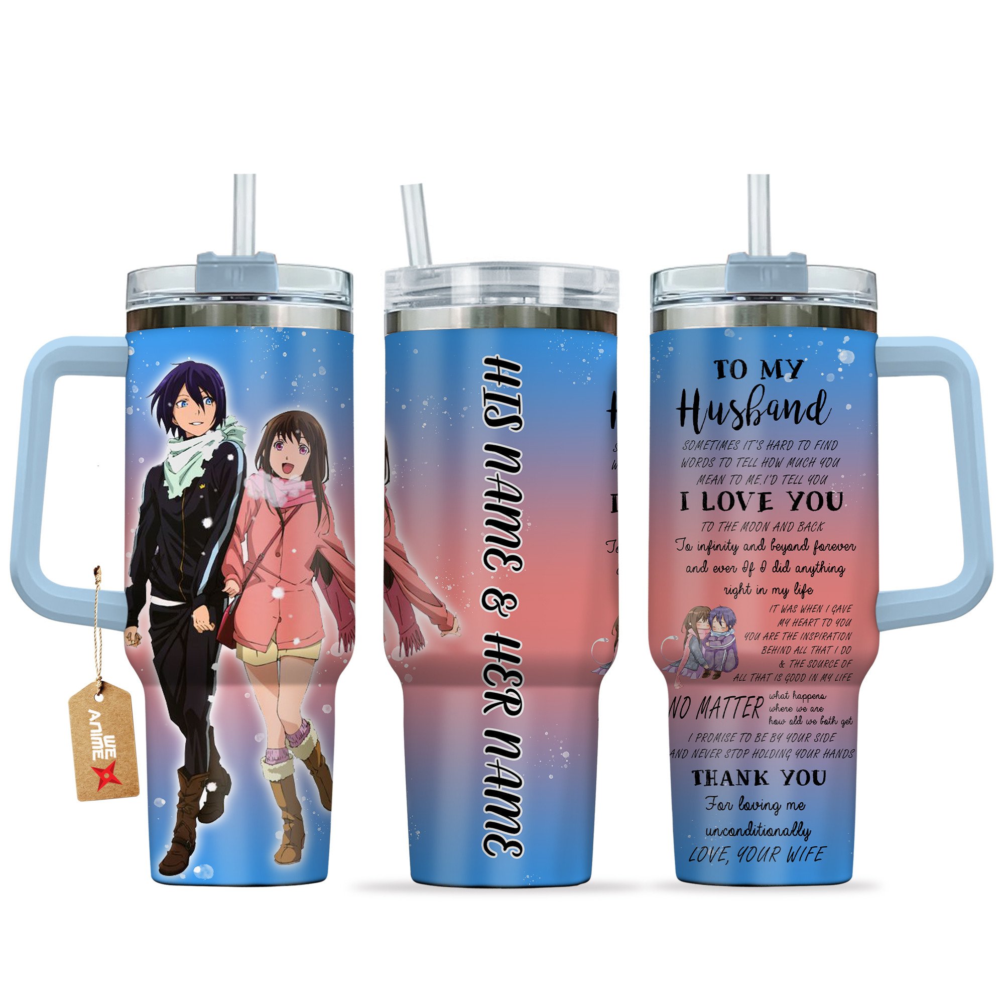 Hydratemerch Yato & Hiyori Noragami Anime Valentine Custom Stanley Quencher 40oz Stainless Steel Tumbler With Handle