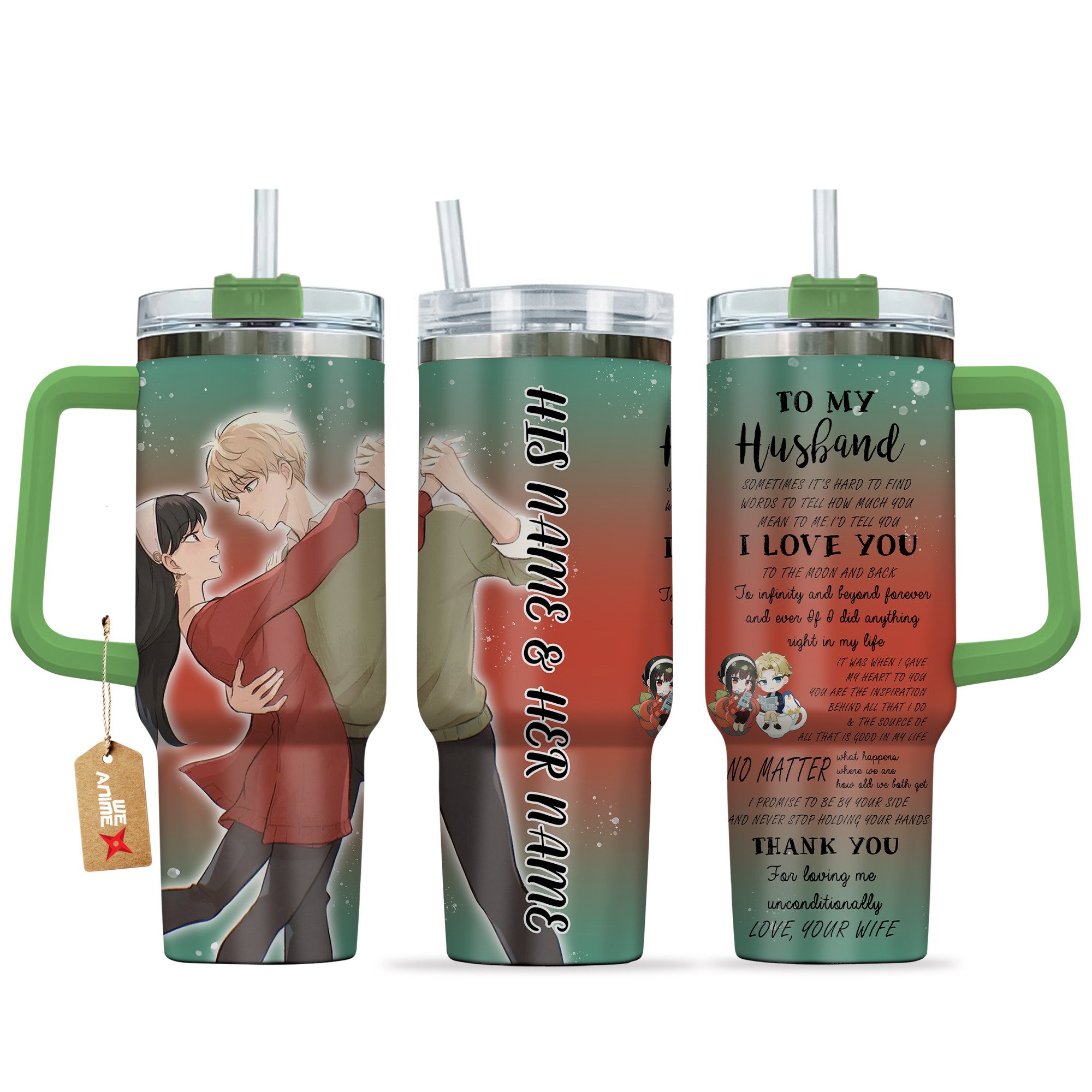 Hydratemerch Yor Forger & Loid Spy x Family Anime Valentine Custom Stanley Quencher 40oz Stainless Steel Tumbler With Handle