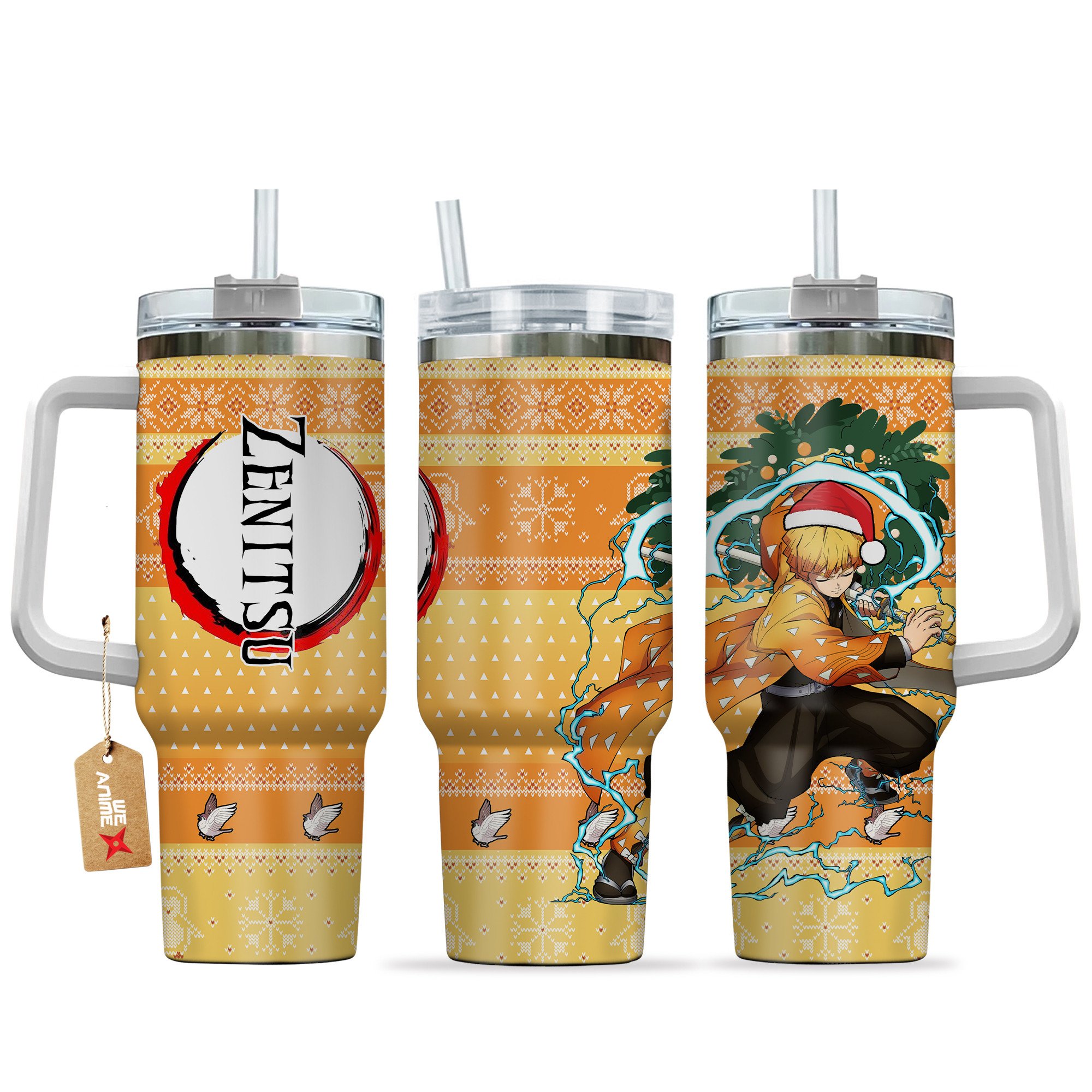 Hydratemerch Zenitsu Demon Slayer Anime Custom Stanley Quencher 40oz Stainless Steel Tumbler With Handle