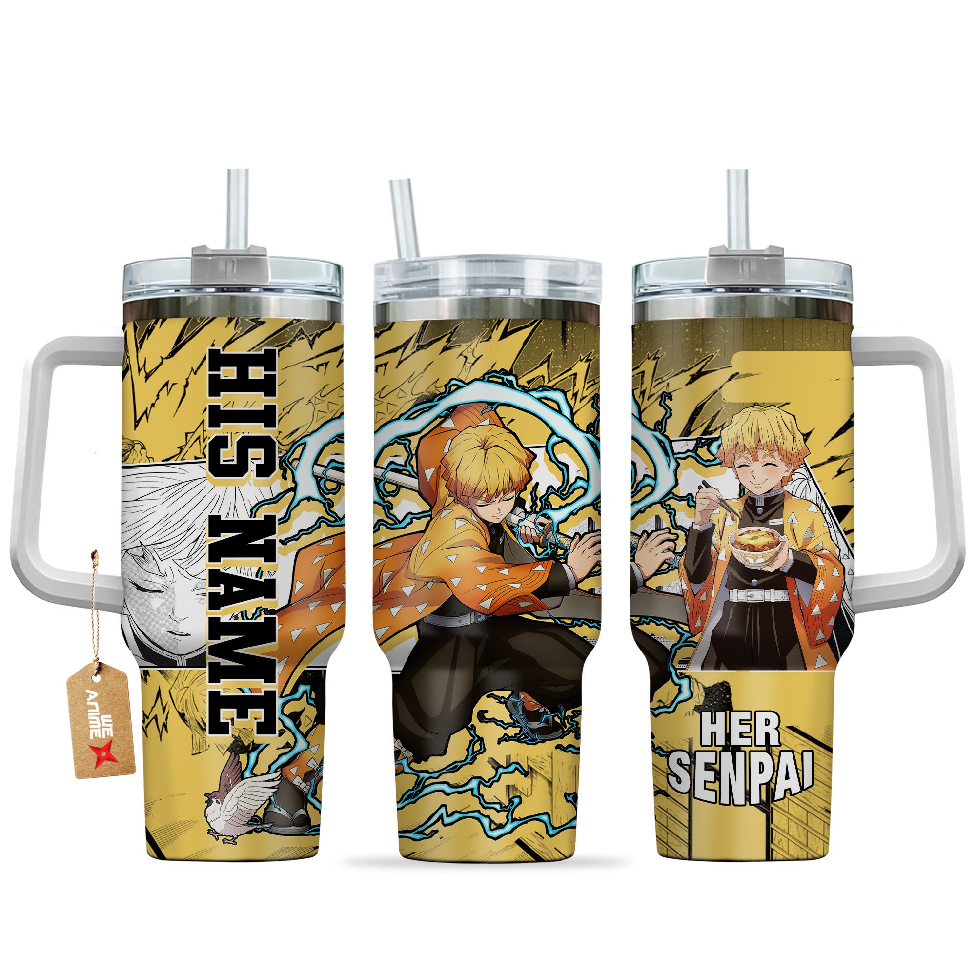 Hydratemerch Zenitsu Demon Slayer Anime Custom Stanley Quencher 40oz Stainless Steel Tumbler With Handle