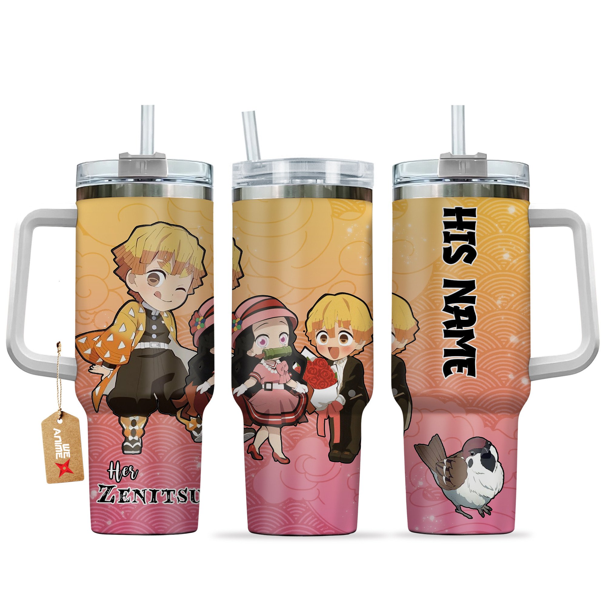 Hydratemerch Zenitsu Demon Slayer Anime Valentine Custom Stanley Quencher 40oz Stainless Steel Tumbler With Handle