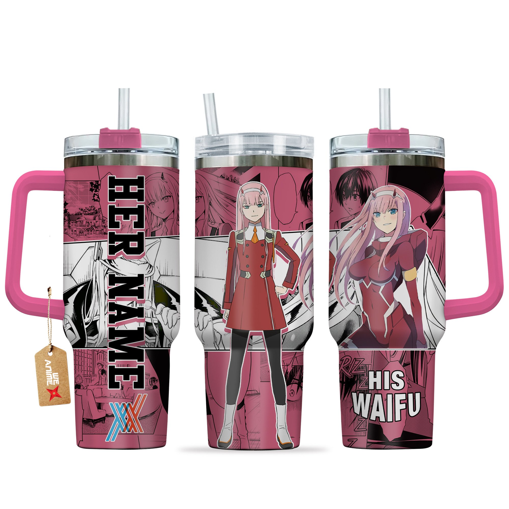 Hydratemerch Zero Two Darling in the Franxx Anime Custom Stanley Quencher 40oz Stainless Steel Tumbler With Handle