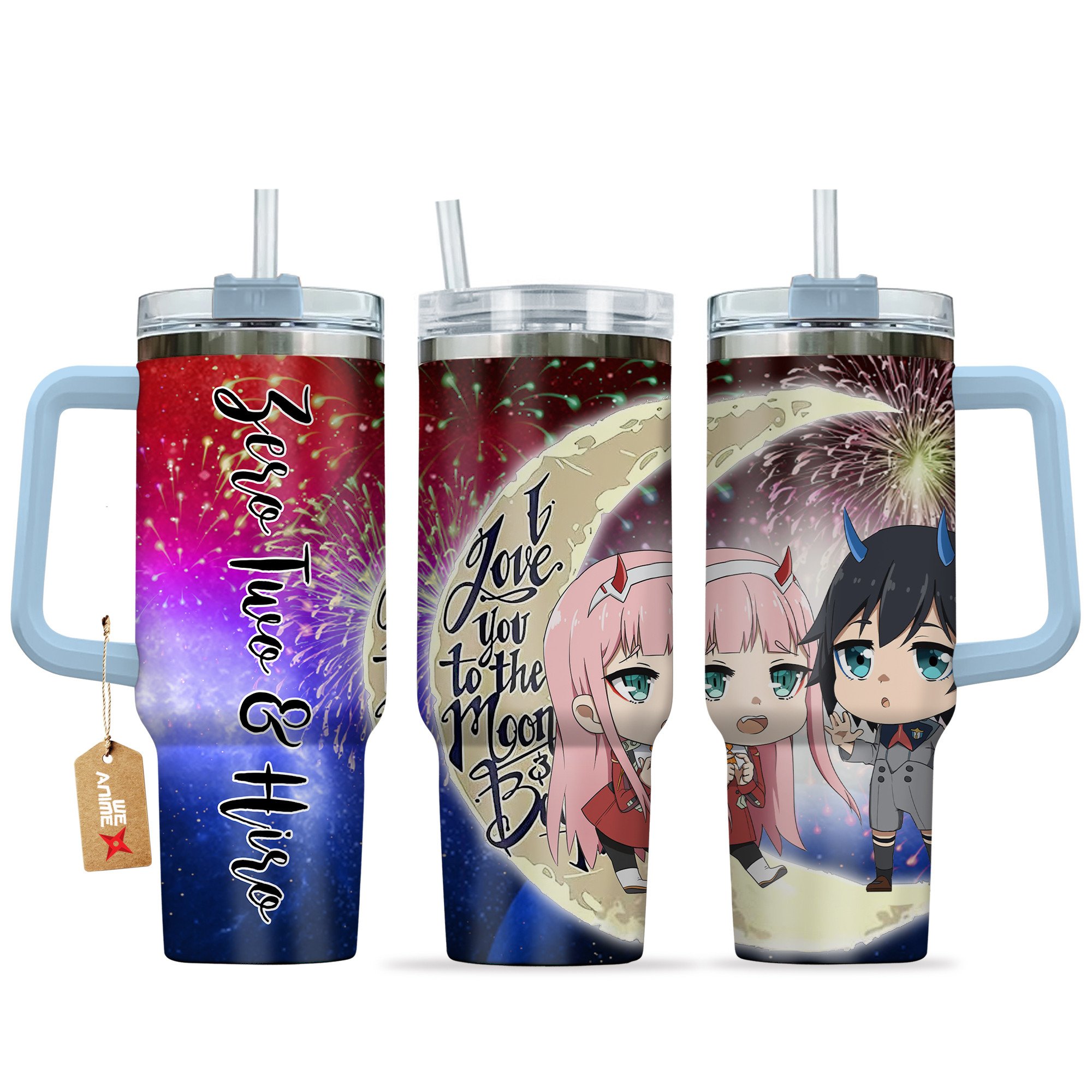 Hydratemerch Zero Two & Hiro Darling In The Franxx Anime Valentine Custom Stanley Quencher 40oz Stainless Steel Tumbler With Handle