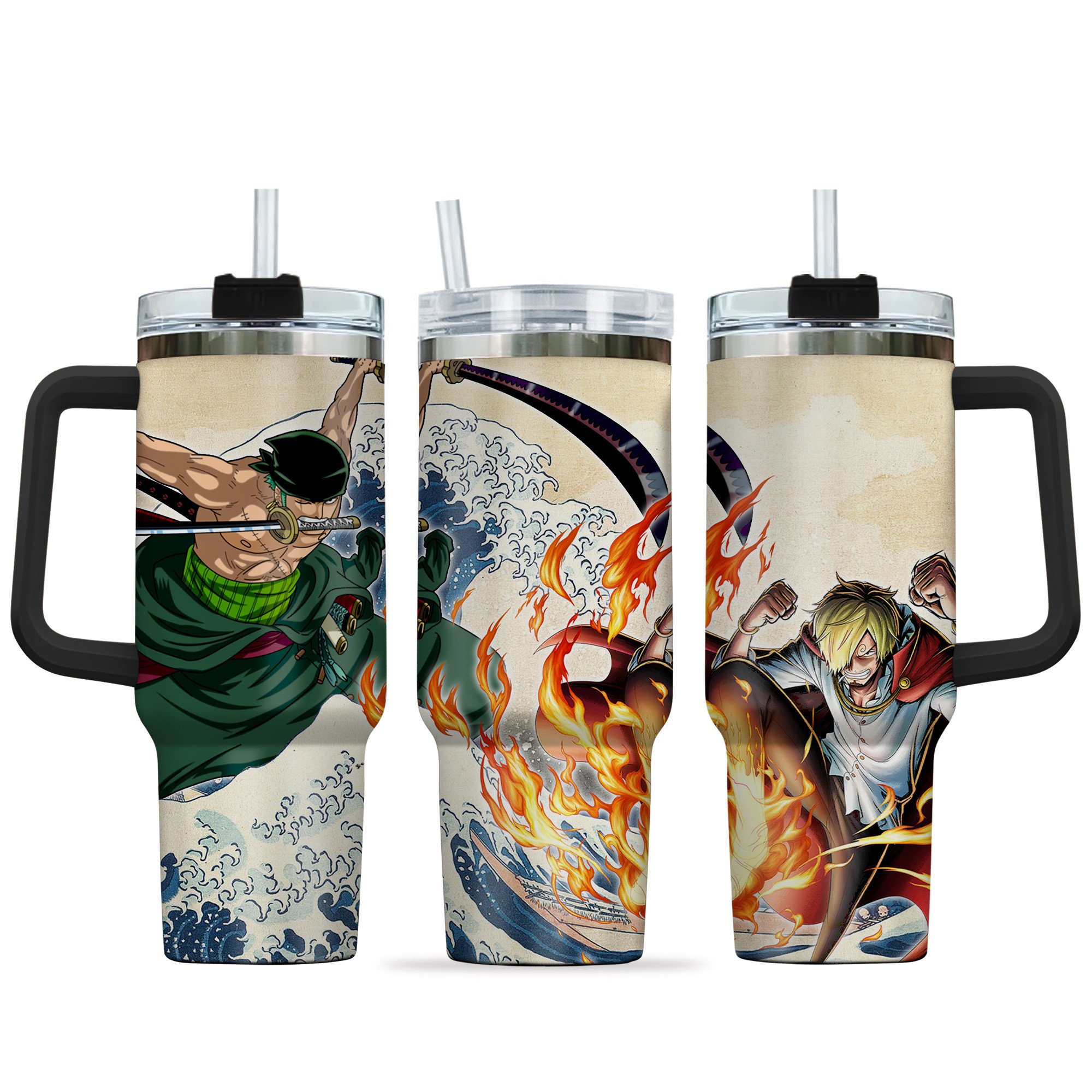 Hydratemerch Zoro x Sanji One Piece Anime Custom Stanley Quencher 40oz Stainless Steel Tumbler With Handle